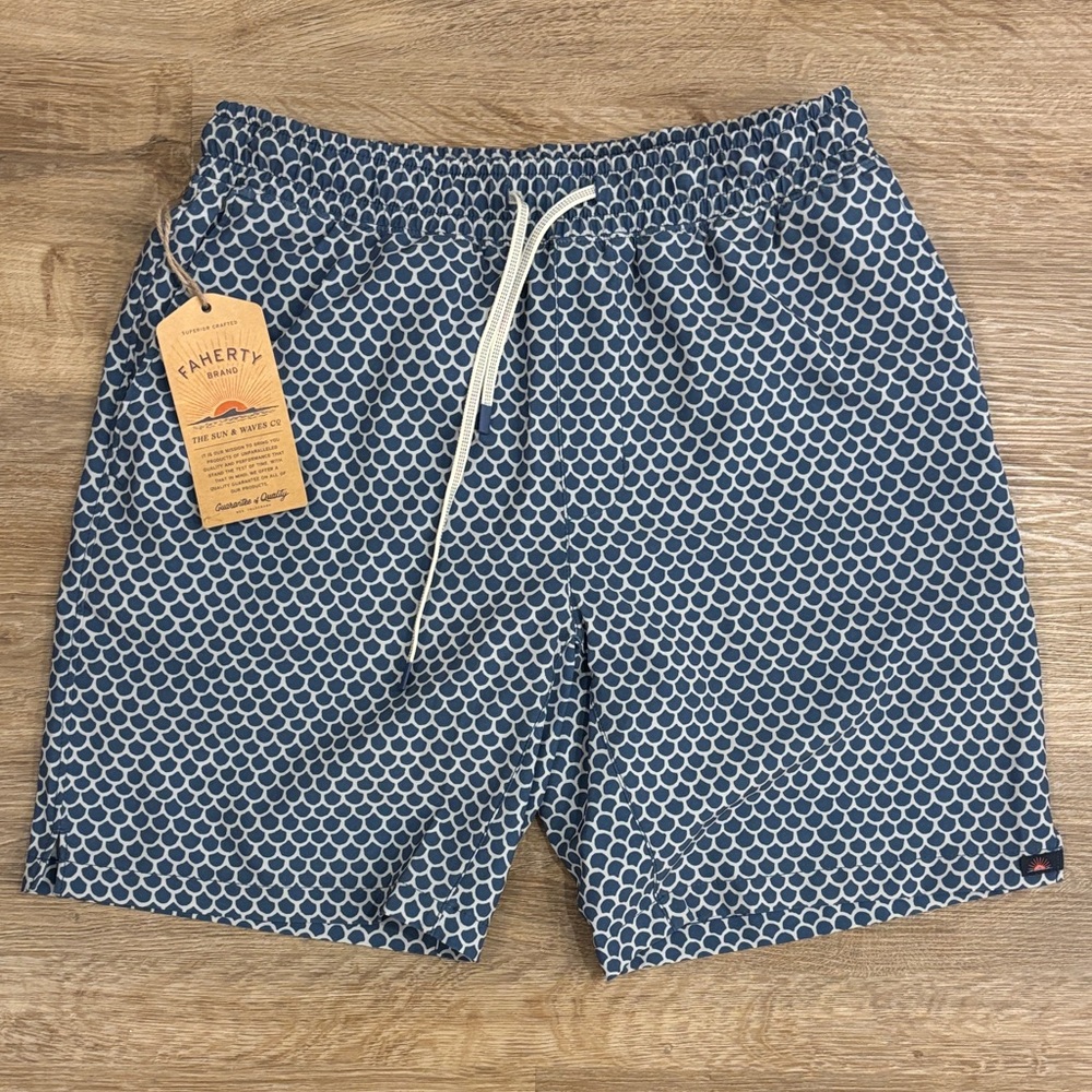 Faherty Navy and White Micro-Scale Print Swim Trunks